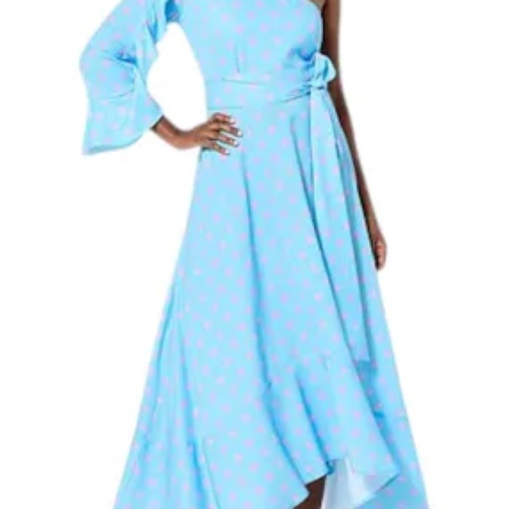 Christian Siriano One-Shoulder Blue Dress with Pink Polka Dots